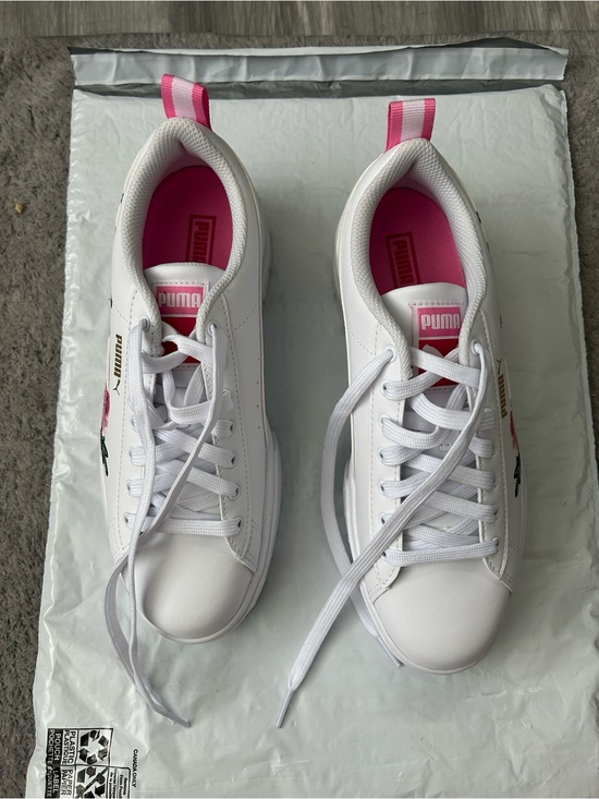 Puma Shoes - Puma White Sneakers with Pink Accents and Floral Detail